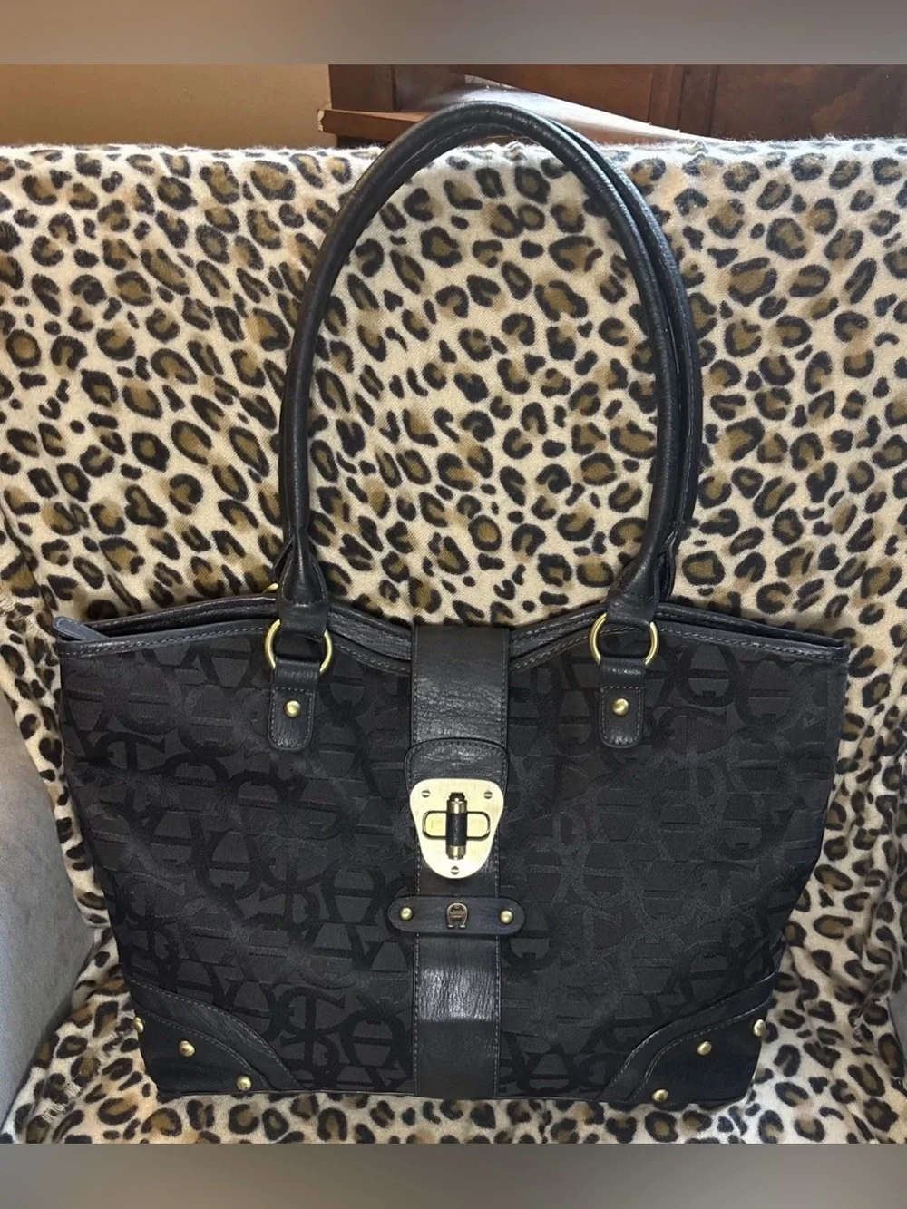 Etienne Aigner Black Turn lock Signature Jacquard/Leather Satchel/Shoulder/Tote